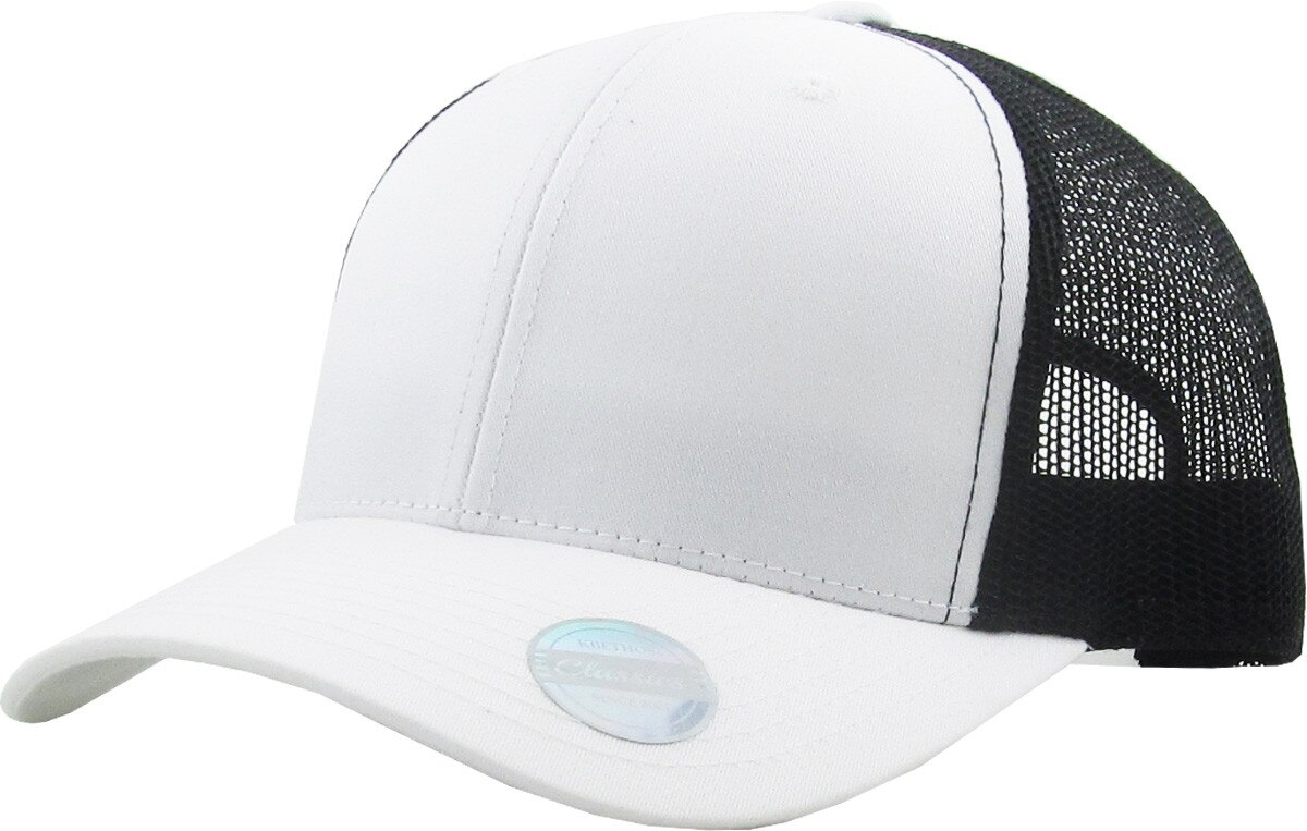 White Black Two Tone Classic 6 Panel Trucker Mesh Snapback Front Side View
